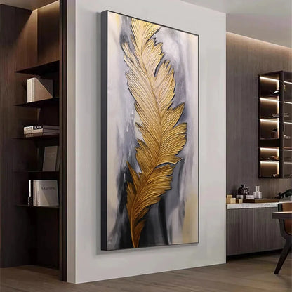 BLEMISHED SKY: Abstract Feather Oil Painting | gold frame stretched on neutral wall