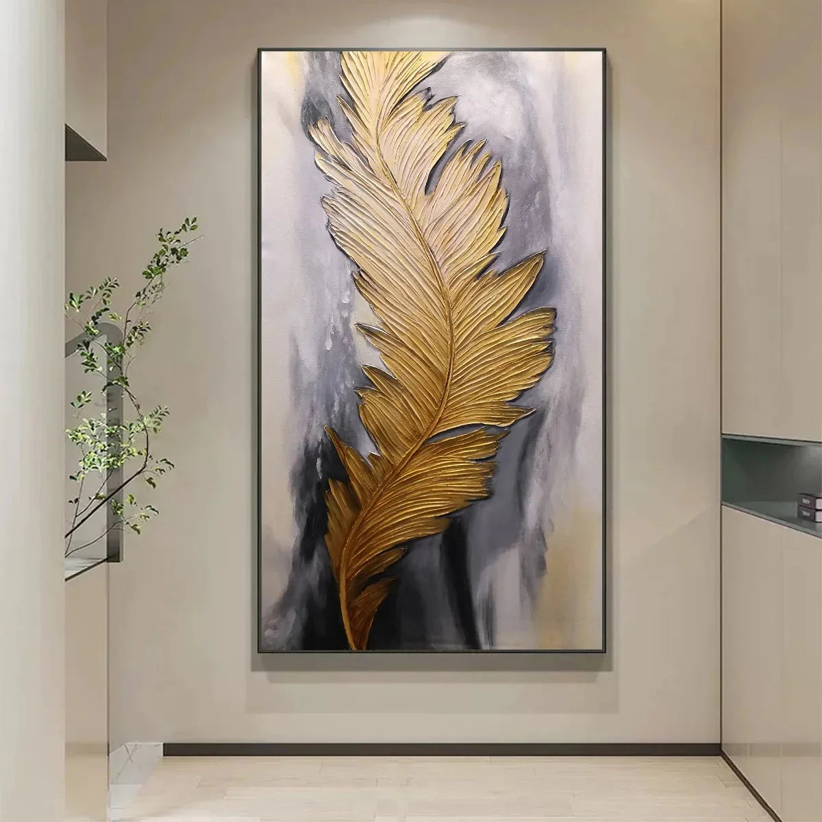 BLEMISHED SKY: Abstract Feather Oil Painting | black frame version on white wall