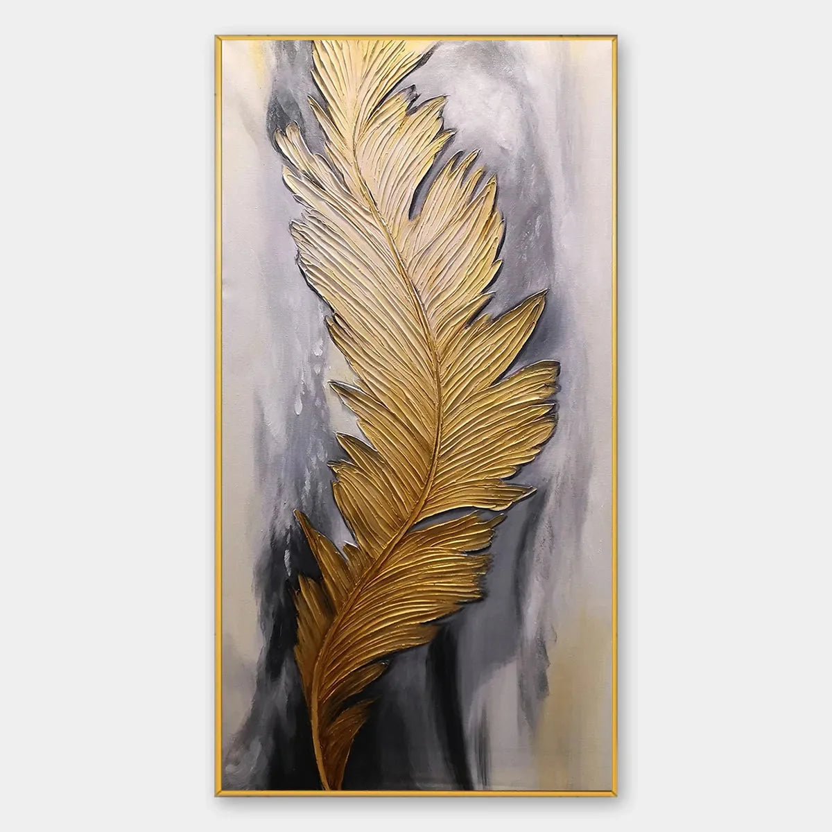 BLEMISHED SKY: Abstract Feather Oil Painting | hanging in Abstract oil painting of a feather drifting across a blemished sky; soft layered tones with refined palette-knife texture and atmospheric d...