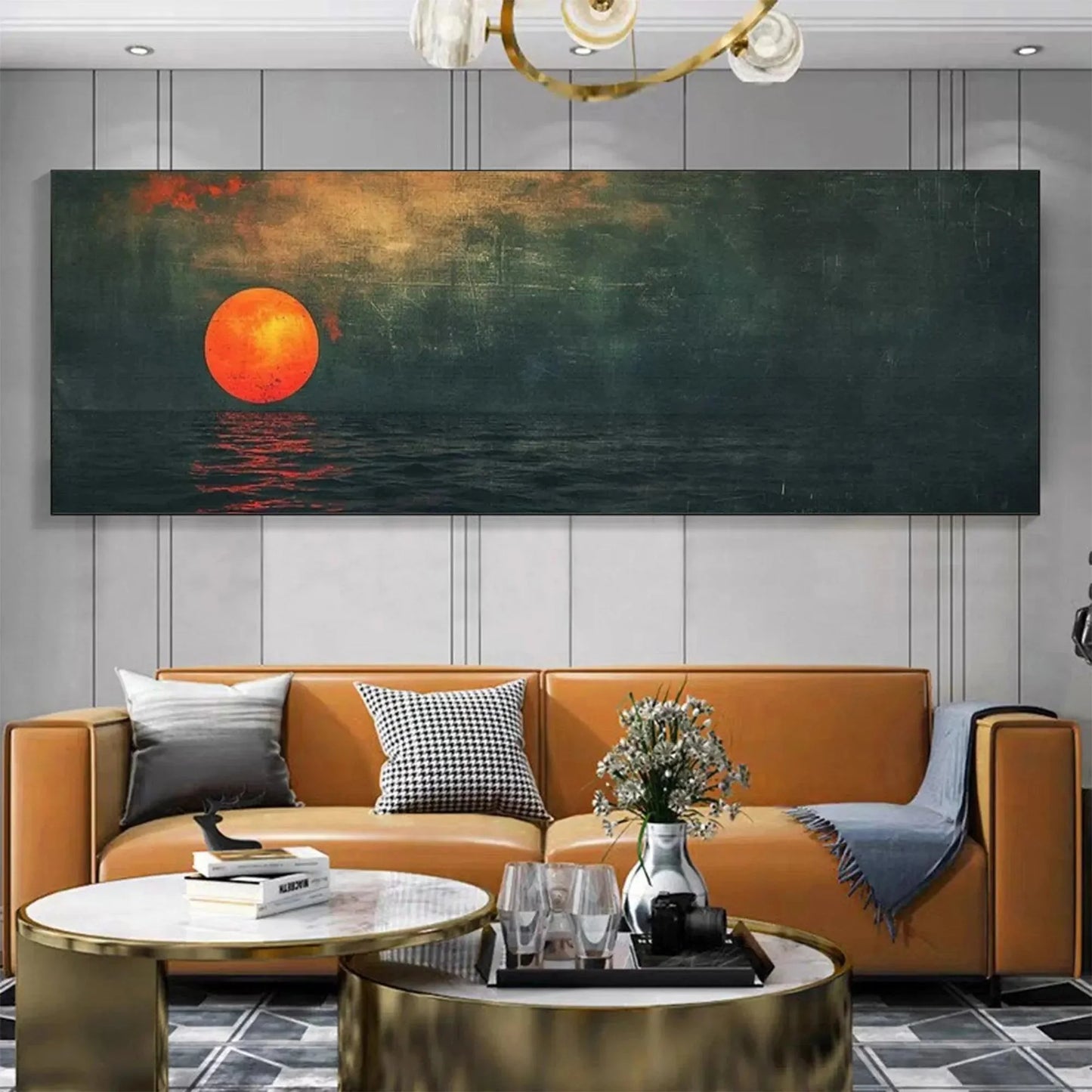 BLOOD MOON PANORAMIC: Sunset Painting, Panoramic Wall Art | Abstract closeup, raised brushwork detail