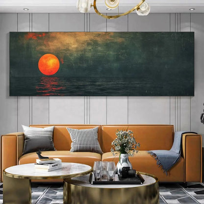 BLOOD MOON PANORAMIC: Sunset Painting, Panoramic Wall Art | Abstract closeup, raised brushwork detail