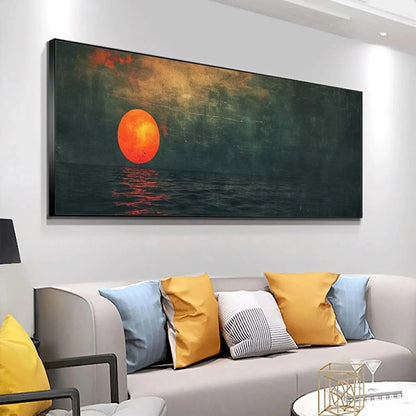 BLOOD MOON PANORAMIC: Sunset Painting, Panoramic Wall Art | gold frame stretched on neutral wall