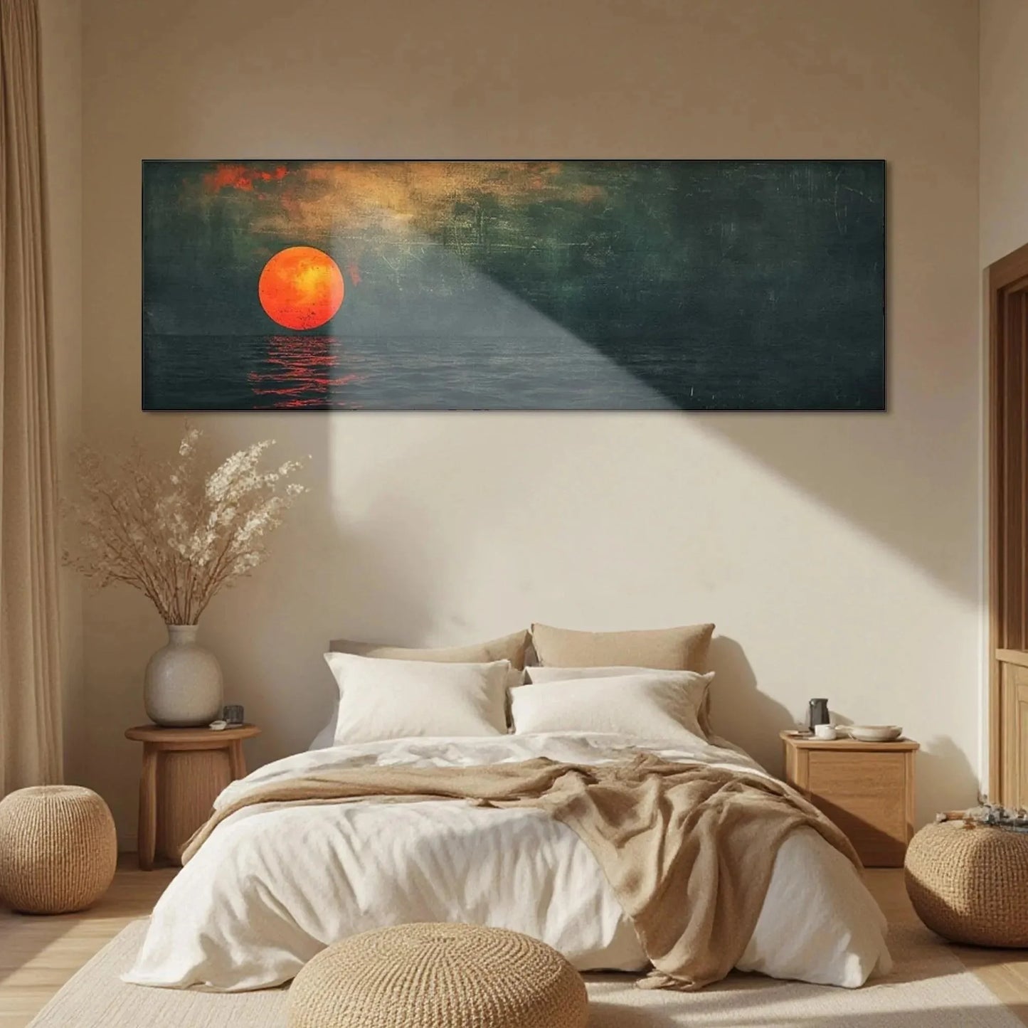BLOOD MOON PANORAMIC: Sunset Painting, Panoramic Wall Art | black frame version on white wall
