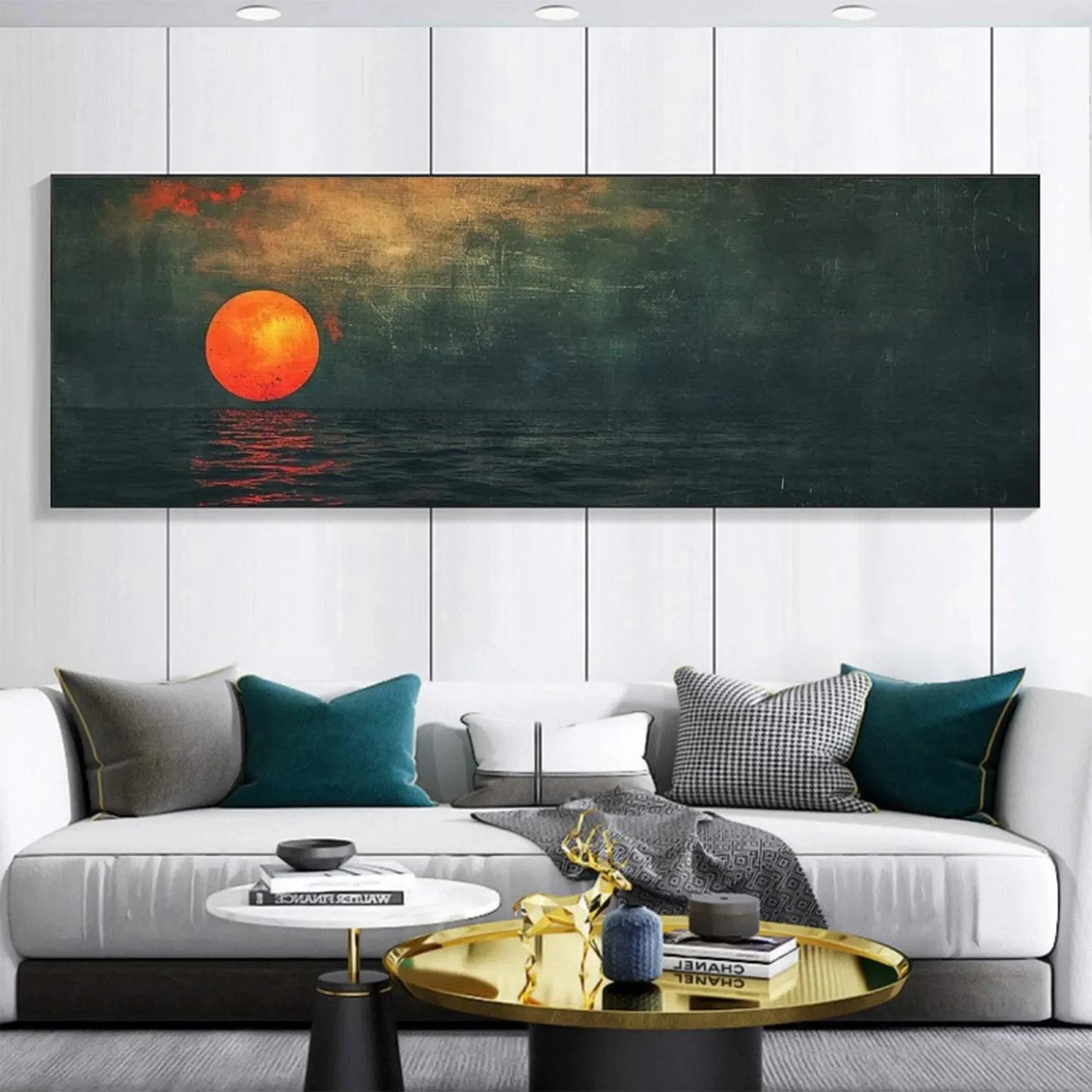 BLOOD MOON PANORAMIC: Sunset Painting, Panoramic Wall Art | beige palette, original Hand-painted on wide stretched canvas with artist-grade oils; rich layered surface combines smooth gradients with...