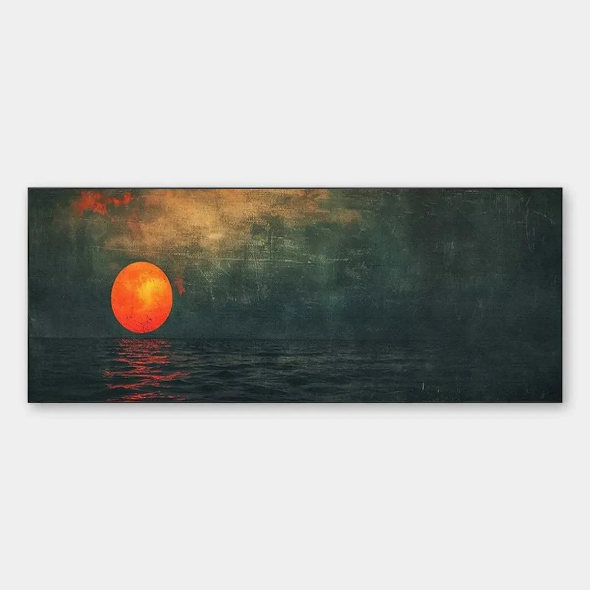BLOOD MOON PANORAMIC: Sunset Painting, Panoramic Wall Art | hanging in Panoramic blood moon sunset oil painting in dramatic red, orange, and dark tones; rich layered brushwork captures a bold, atmo...