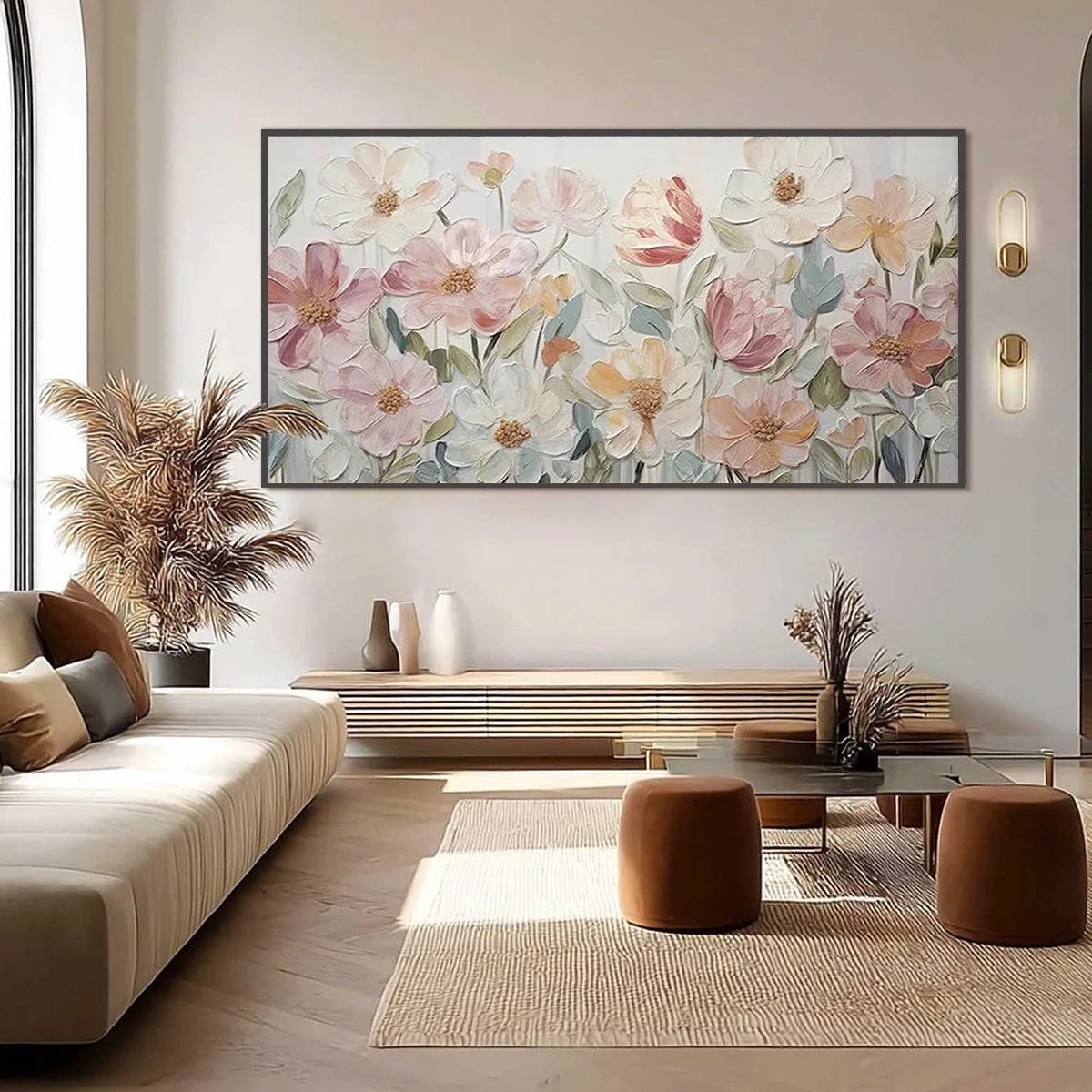 BLOOM WHISPER: Textured Pastel Floral Oil Painting | gold frame stretched on neutral wall