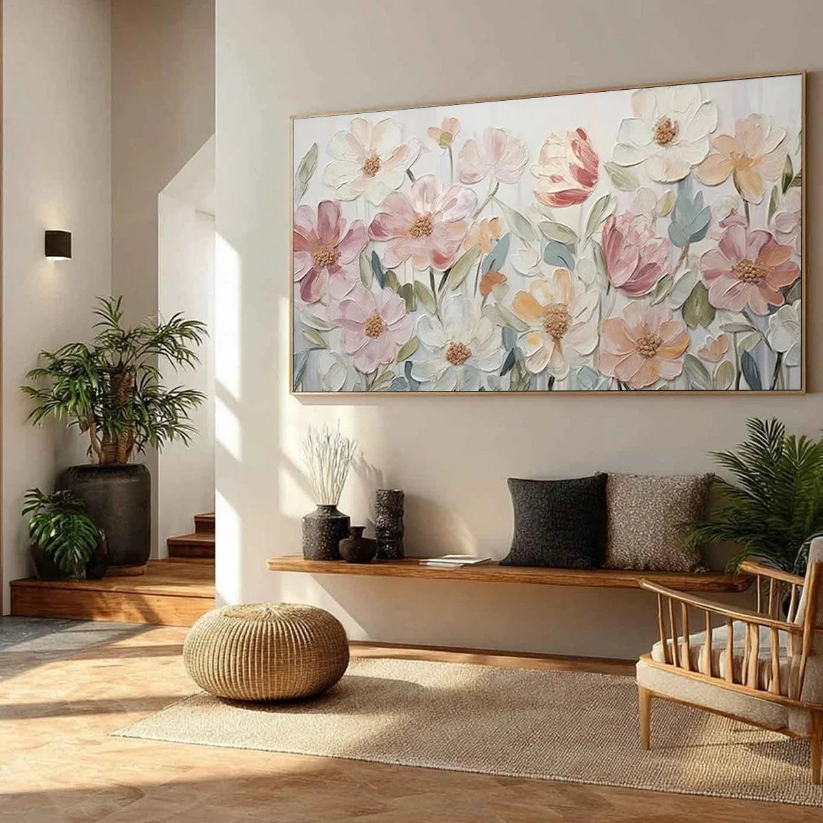 BLOOM WHISPER: Textured Pastel Floral Oil Painting | Abstract mood, soft natural light studio shot