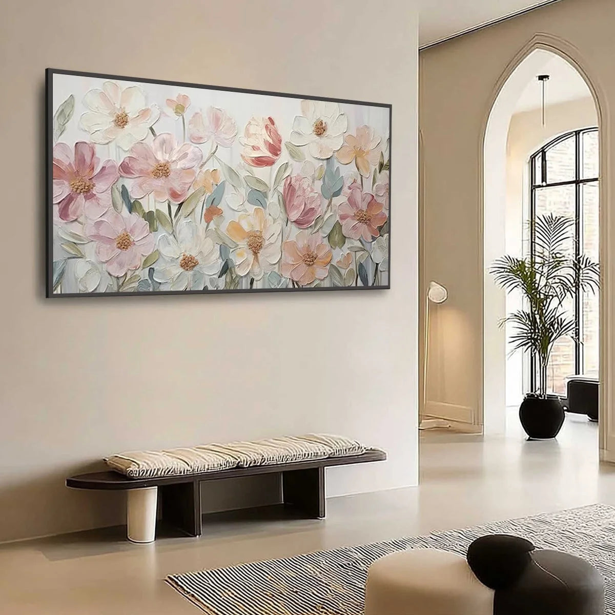 BLOOM WHISPER: Textured Pastel Floral Oil Painting | beige palette, original Hand-painted on premium stretched canvas using artist-grade oils; rich layered surface combines smooth gradients with ta...