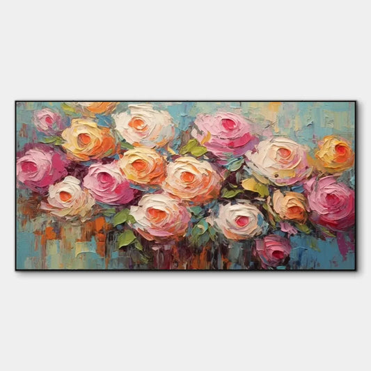 BLOOMING BOUQUET RHAPSODY: Colorful Impasto Floral Rose Painting | hanging in living room, colorful impasto wall art