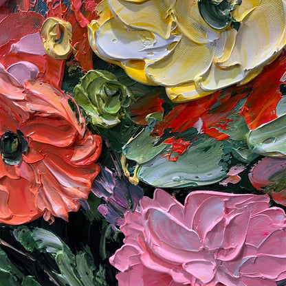 BLOOMING BOUQUET: Textured Floral Oil Painting | rectangular format, hand-painted canvas edge