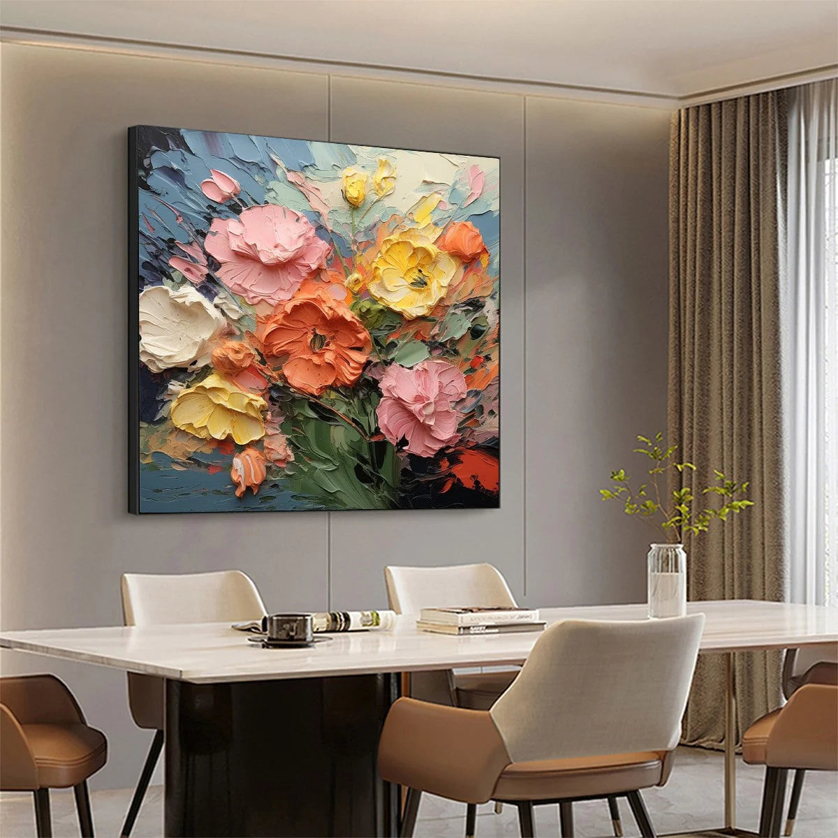 BLOOMING BOUQUET: Textured Floral Oil Painting | gold frame stretched on neutral wall