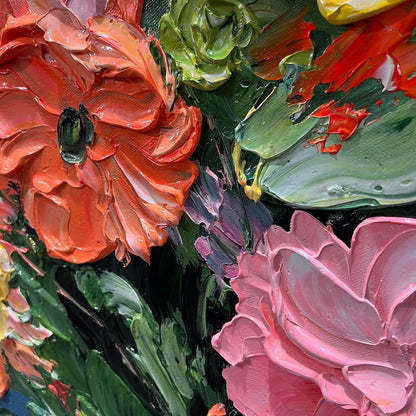 BLOOMING BOUQUET: Textured Floral Oil Painting | black frame version on white wall