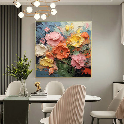 BLOOMING BOUQUET: Textured Floral Oil Painting | Abstract mood, soft natural light studio shot