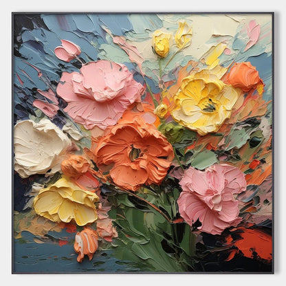 BLOOMING BOUQUET: Textured Floral Oil Painting | hanging in BLOOMING BOUQUET: Textured Floral Oil Painting featuring layered textured brushwork in refined tones; abstract composition with rich pale...
