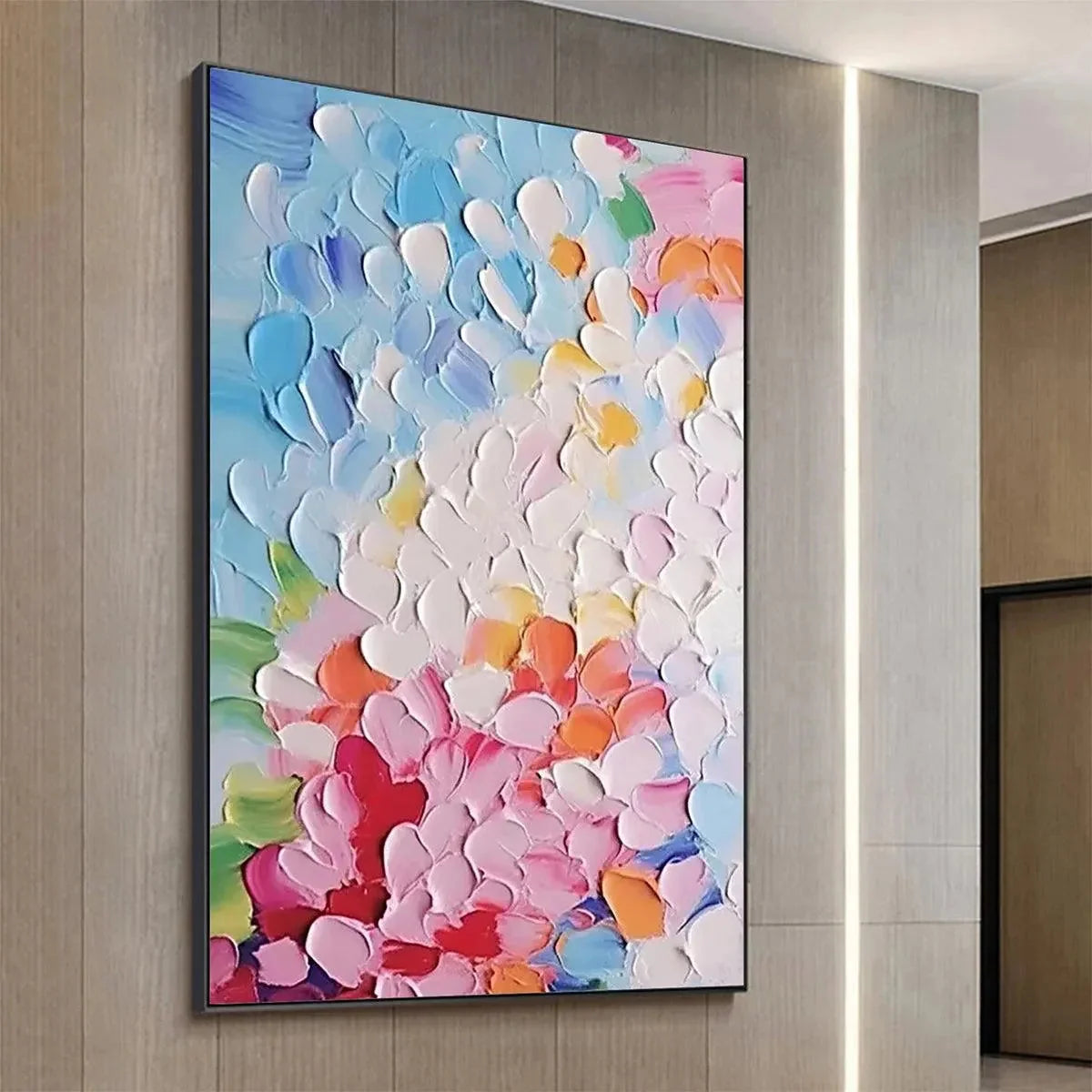 BLOOMING BOUQUET: Textured Impasto Floral Painting in Vibrant Colors | gold frame stretched on neutral wall