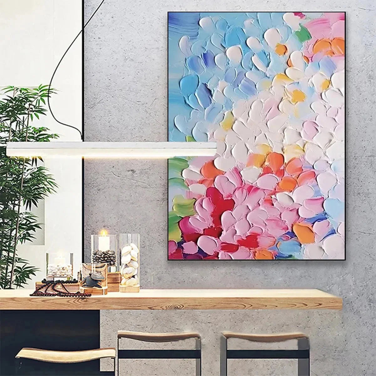 BLOOMING BOUQUET: Textured Impasto Floral Painting in Vibrant Colors | black frame version on white wall