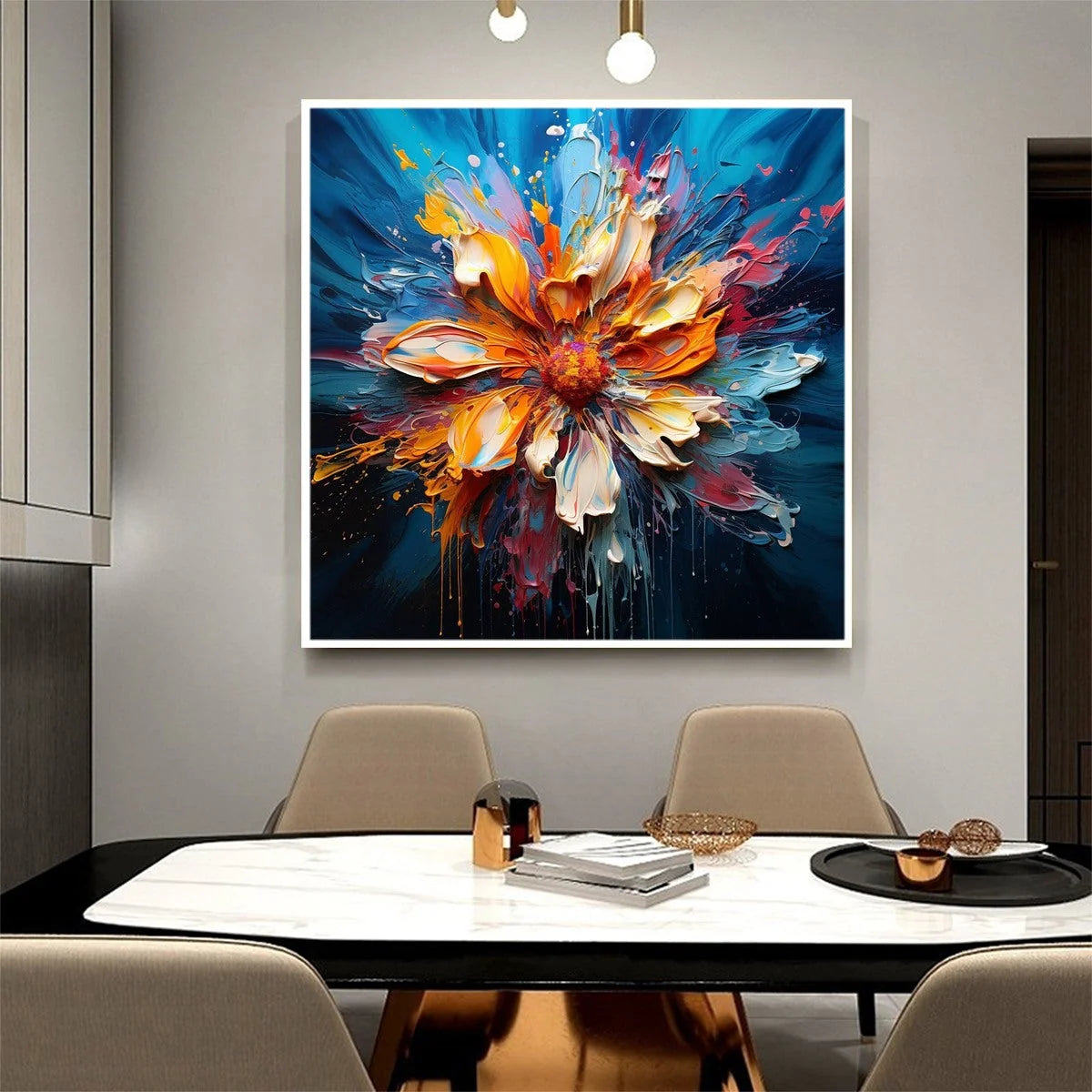 BLOOMING BURST: Textured Impasto Floral Oil Painting | gold frame stretched on neutral wall
