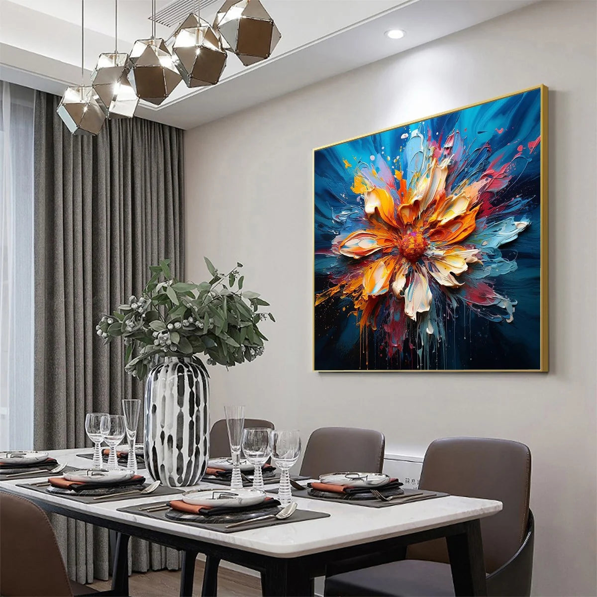 BLOOMING BURST: Textured Impasto Floral Oil Painting | black frame version on white wall