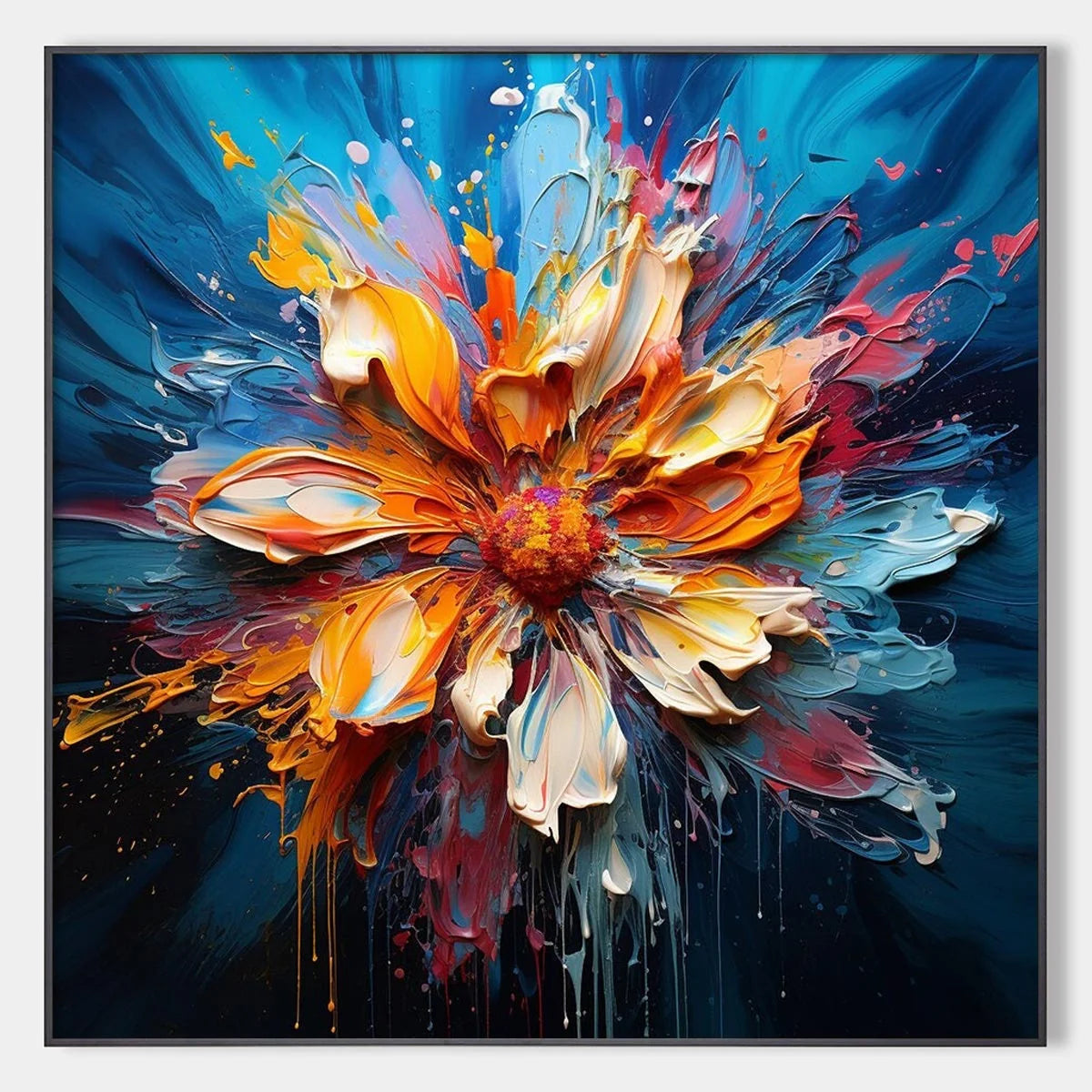 BLOOMING BURST: Textured Impasto Floral Oil Painting | hanging in living room, textured impasto wall art
