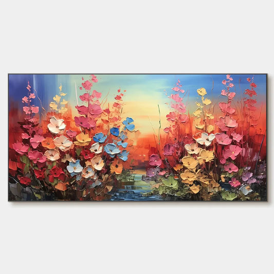 BLOOMING MEADOW: Panoramic Floral Landscape Painting, Impasto Wildflowers | hanging in living room, textured impasto wall art