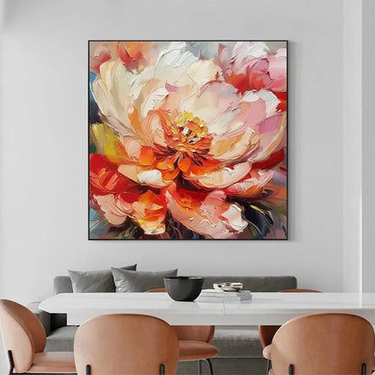 BLOOMING PEONY: Textured Impasto Peony Painting in Pink and Orange | Abstract closeup, raised brushwork detail