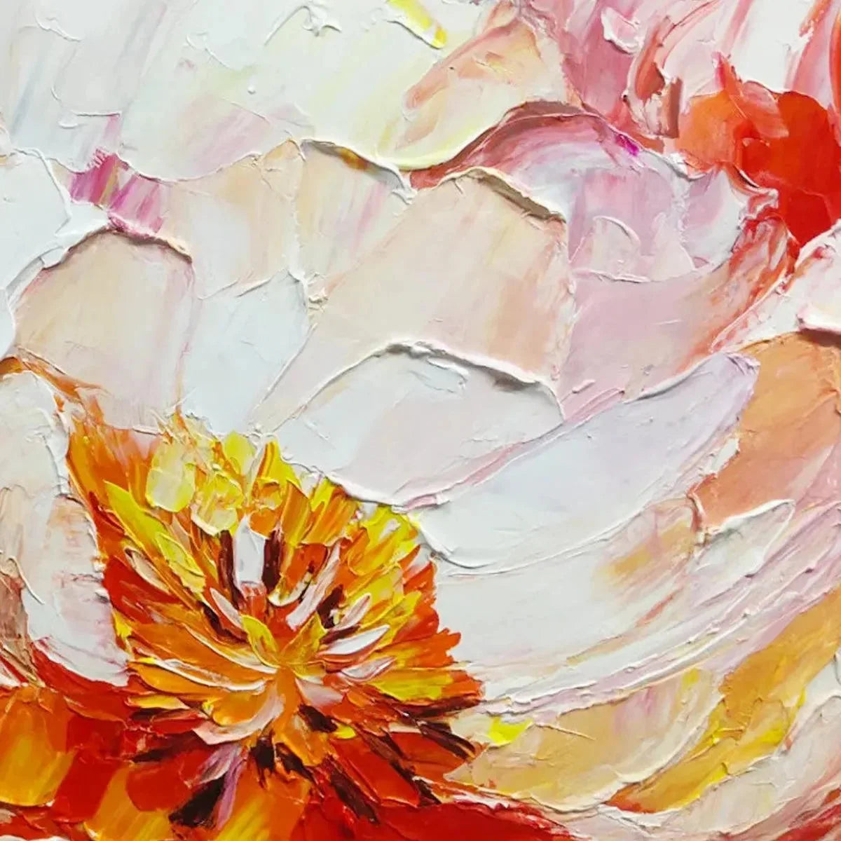 BLOOMING PEONY: Textured Impasto Peony Painting in Pink and Orange | rectangular format, hand-painted canvas edge