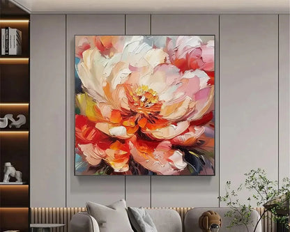 BLOOMING PEONY: Textured Impasto Peony Painting in Pink and Orange | gold frame stretched on neutral wall