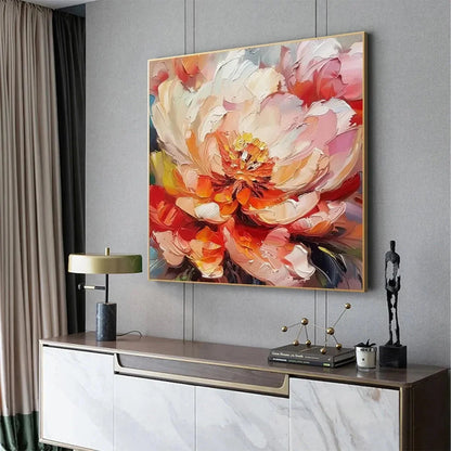 BLOOMING PEONY: Textured Impasto Peony Painting in Pink and Orange | black frame version on white wall