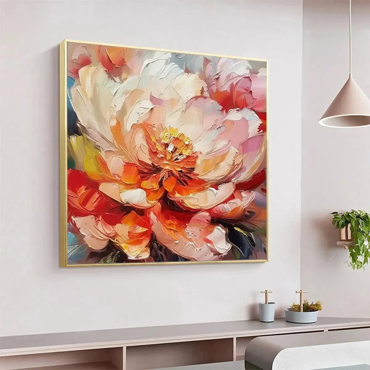 BLOOMING PEONY: Textured Impasto Peony Painting in Pink and Orange | Abstract mood, soft natural light studio shot