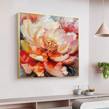 BLOOMING PEONY: Textured Impasto Peony Painting in Pink and Orange | Abstract mood, soft natural light studio shot