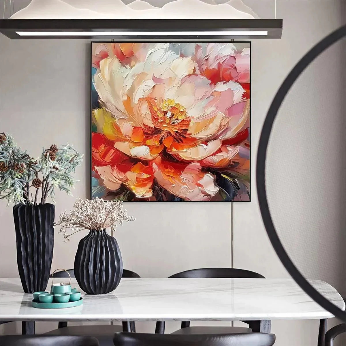 BLOOMING PEONY: Textured Impasto Peony Painting in Pink and Orange | beige palette, original Hand-painted on premium stretched canvas with artist-grade oils; rich layered surface creates a vibrant,...