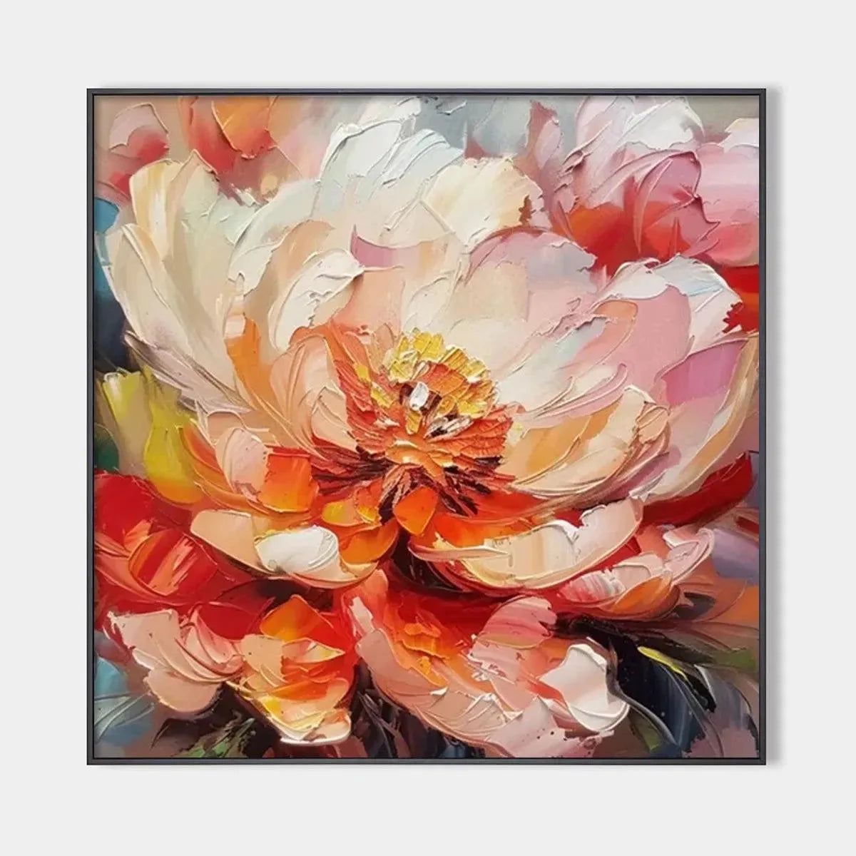 BLOOMING PEONY: Textured Impasto Peony Painting in Pink and Orange | hanging in Textured impasto peony oil painting in soft pink, coral, and orange tones; thick palette-knife brushwork captures the...