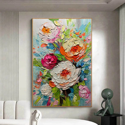 BLOOMING RHAPSODY: Colorful Floral Impasto Oil Painting | Abstract closeup, raised brushwork detail