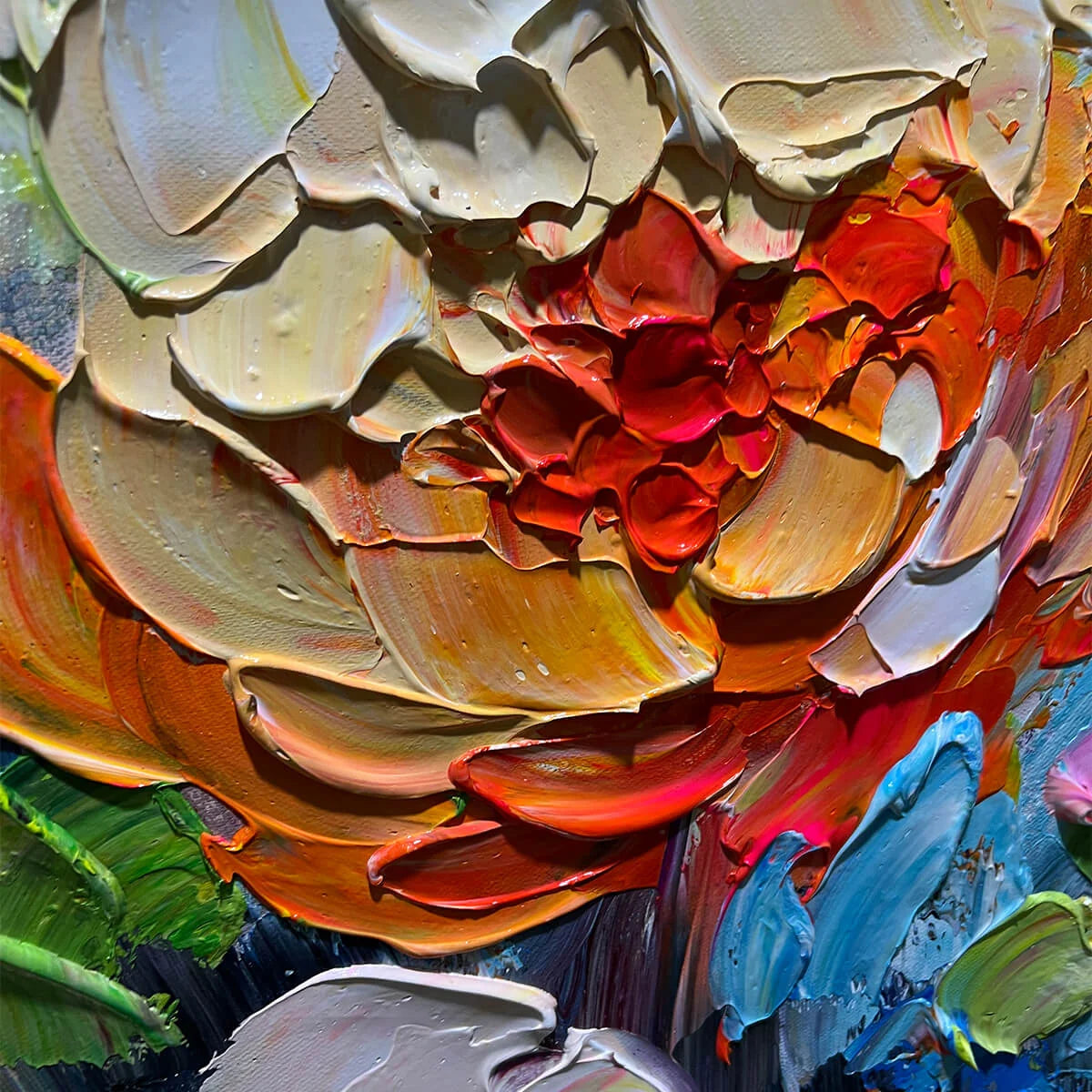 BLOOMING RHAPSODY: Colorful Floral Impasto Oil Painting | rectangular format, hand-painted canvas edge