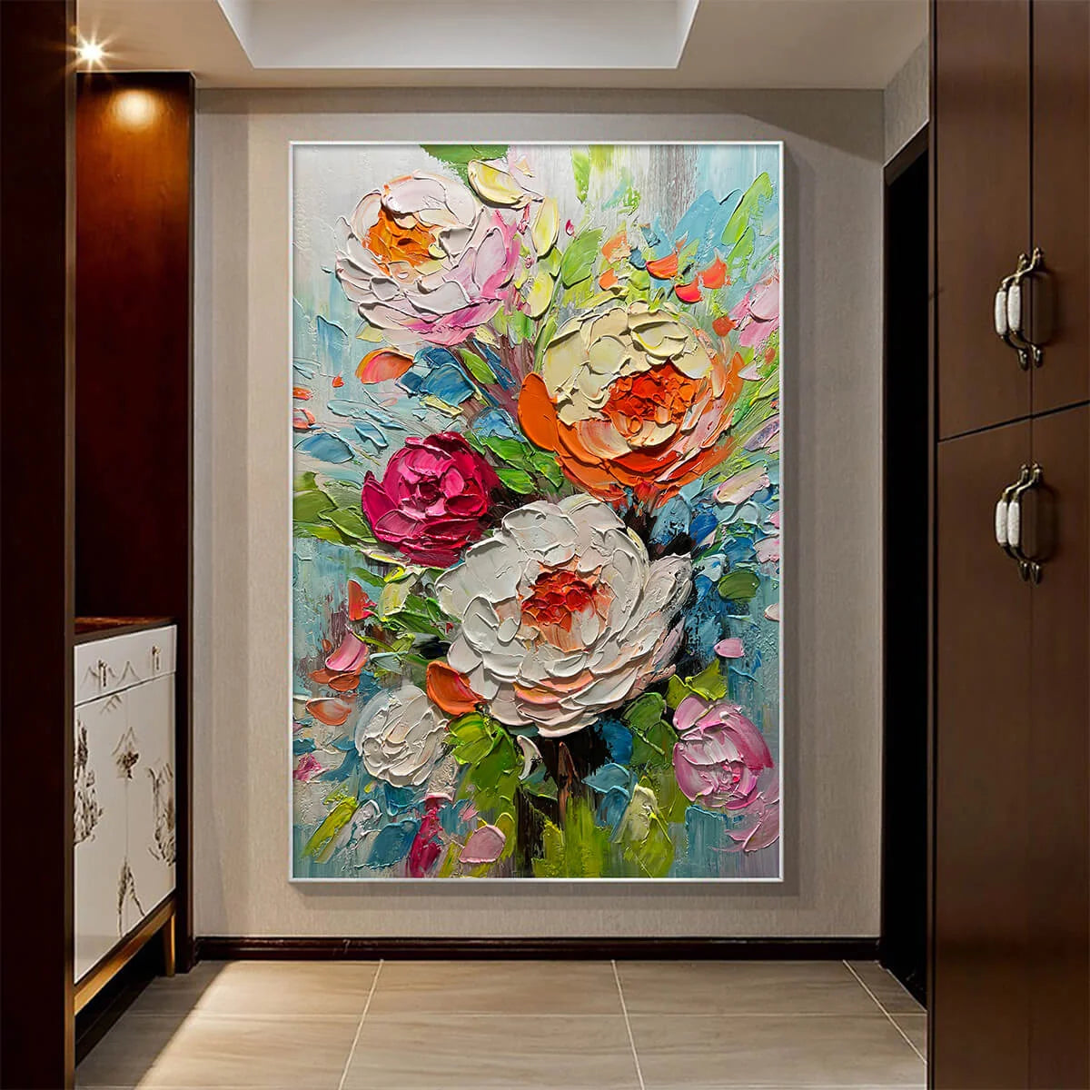 BLOOMING RHAPSODY: Colorful Floral Impasto Oil Painting | gold frame stretched on neutral wall