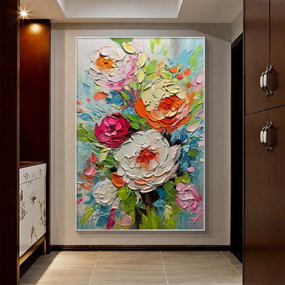 BLOOMING RHAPSODY: Colorful Floral Impasto Oil Painting | gold frame stretched on neutral wall