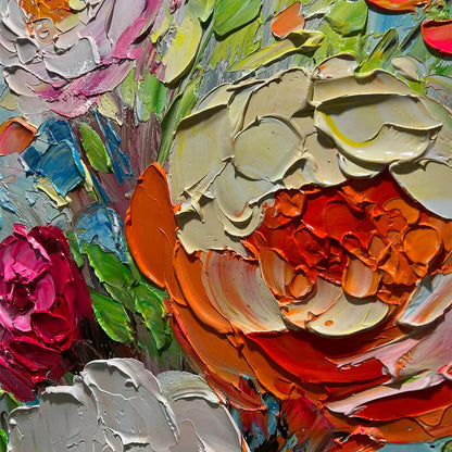 BLOOMING RHAPSODY: Colorful Floral Impasto Oil Painting | rolled canvas, ready for custom framing