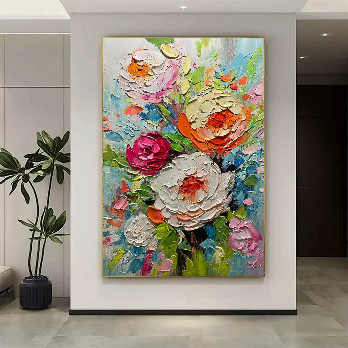 BLOOMING RHAPSODY: Colorful Floral Impasto Oil Painting | black frame version on white wall