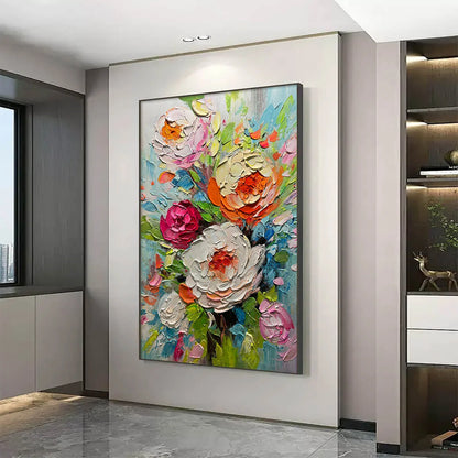 BLOOMING RHAPSODY: Colorful Floral Impasto Oil Painting | Abstract mood, soft natural light studio shot