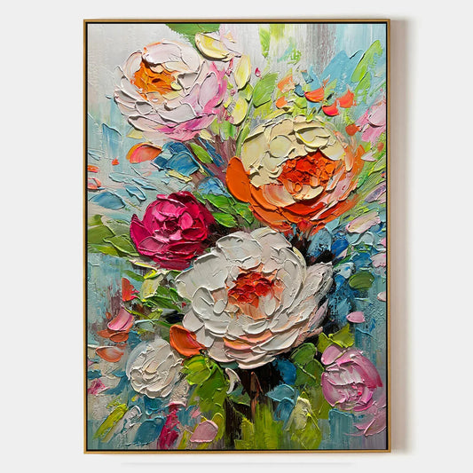 BLOOMING RHAPSODY: Colorful Floral Impasto Oil Painting | hanging in Colorful floral impasto oil painting in vibrant pink, coral, and gold tones; thick palette-knife brushwork creates a joyful flor...