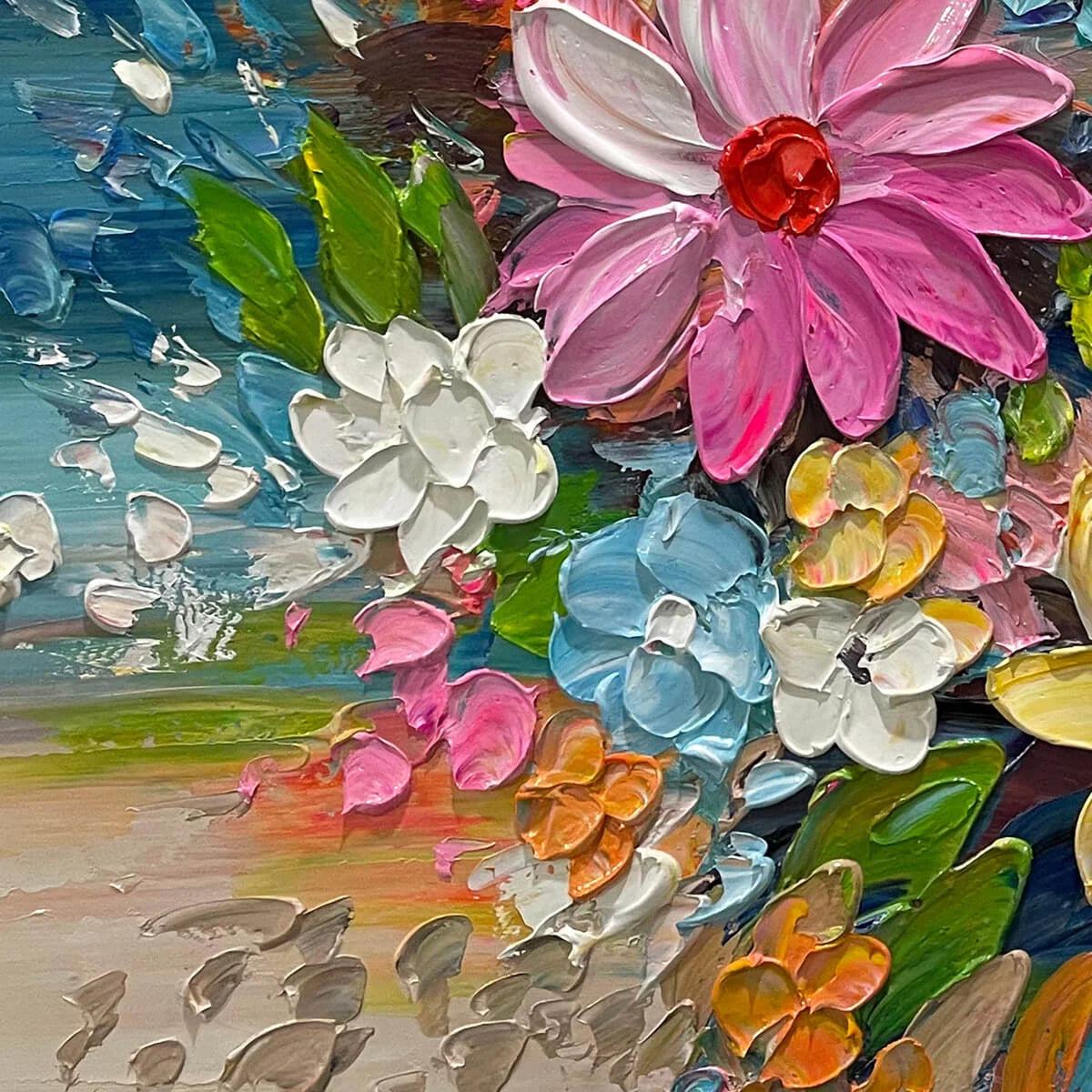 BLOOMING RHAPSODY: Colorful Floral Impasto Oil Painting | rectangular format, hand-painted canvas edge