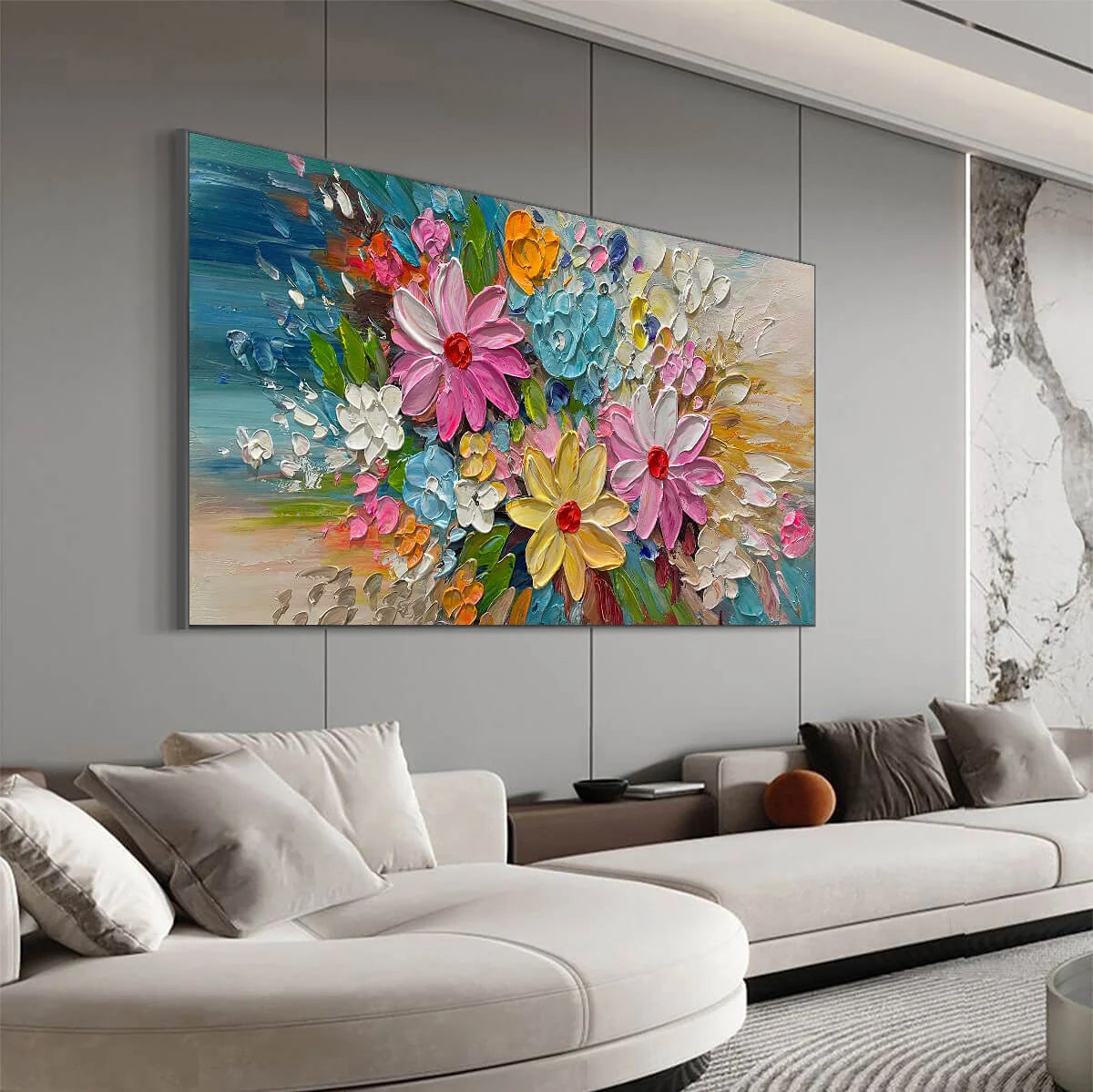 BLOOMING RHAPSODY: Colorful Floral Impasto Oil Painting | gold frame stretched on neutral wall