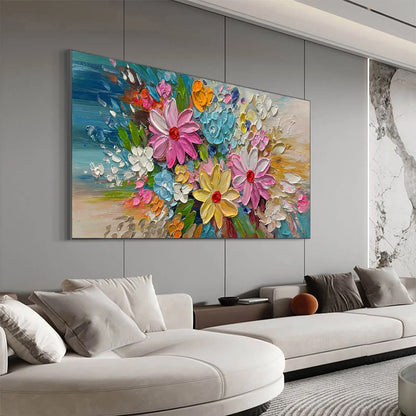 BLOOMING RHAPSODY: Colorful Floral Impasto Oil Painting | gold frame stretched on neutral wall