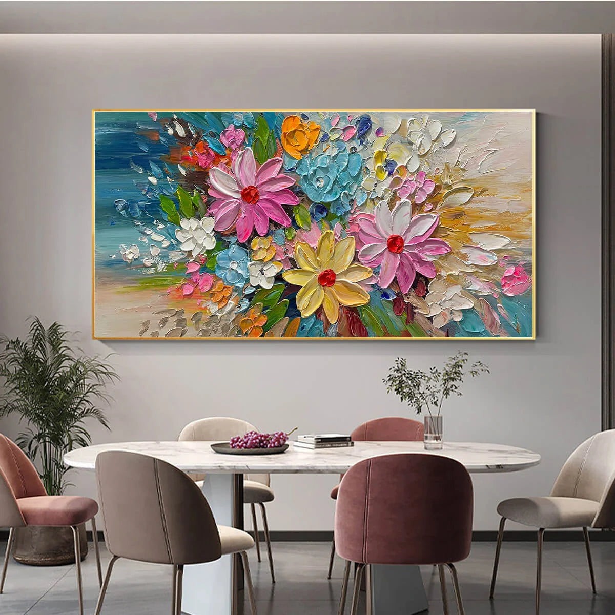 BLOOMING RHAPSODY: Colorful Floral Impasto Oil Painting | black frame version on white wall