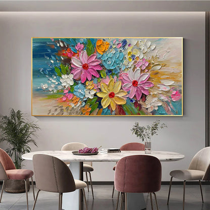 BLOOMING RHAPSODY: Colorful Floral Impasto Oil Painting | black frame version on white wall