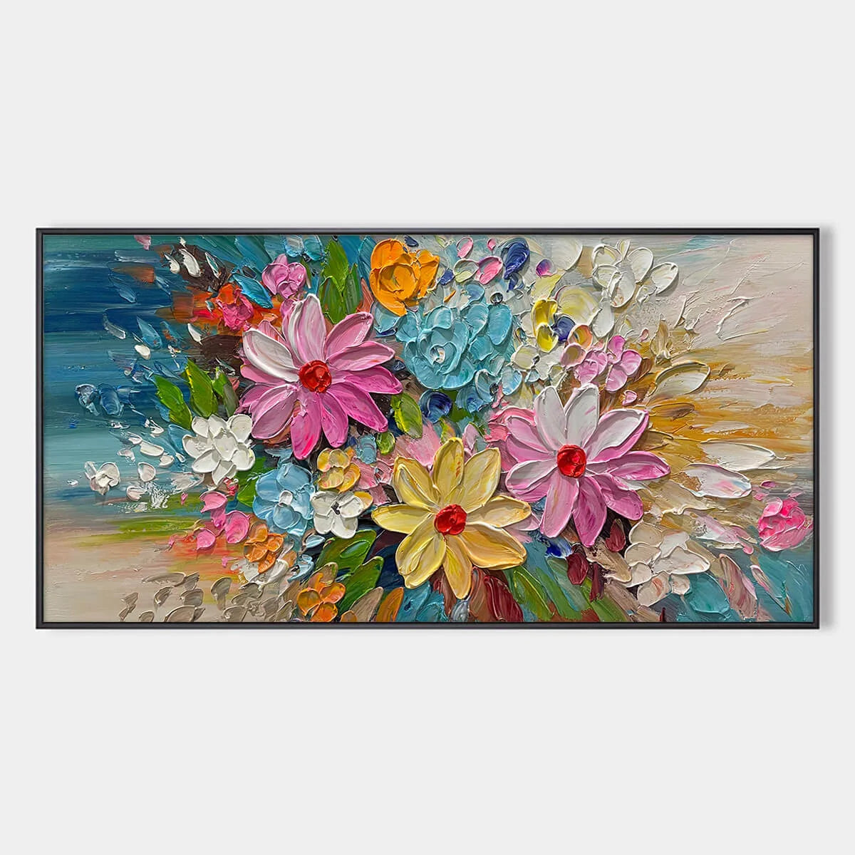 BLOOMING RHAPSODY: Colorful Floral Impasto Oil Painting | hanging in Colorful floral impasto oil painting in vibrant pink, coral, yellow, and green tones; rich palette-knife work captures a joyful ...