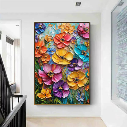 BLOOMING RHAPSODY: Colorful Impasto Floral Oil Painting | Abstract closeup, raised brushwork detail