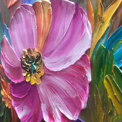 BLOOMING RHAPSODY: Colorful Impasto Floral Oil Painting | rectangular format, hand-painted canvas edge