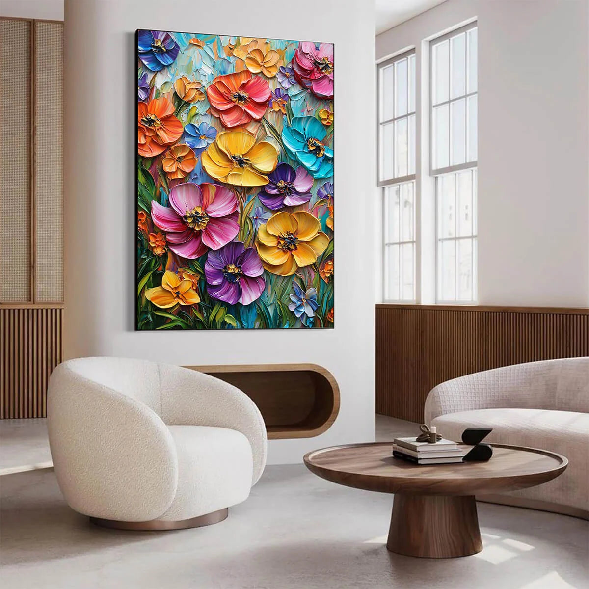 BLOOMING RHAPSODY: Colorful Impasto Floral Oil Painting | gold frame stretched on neutral wall