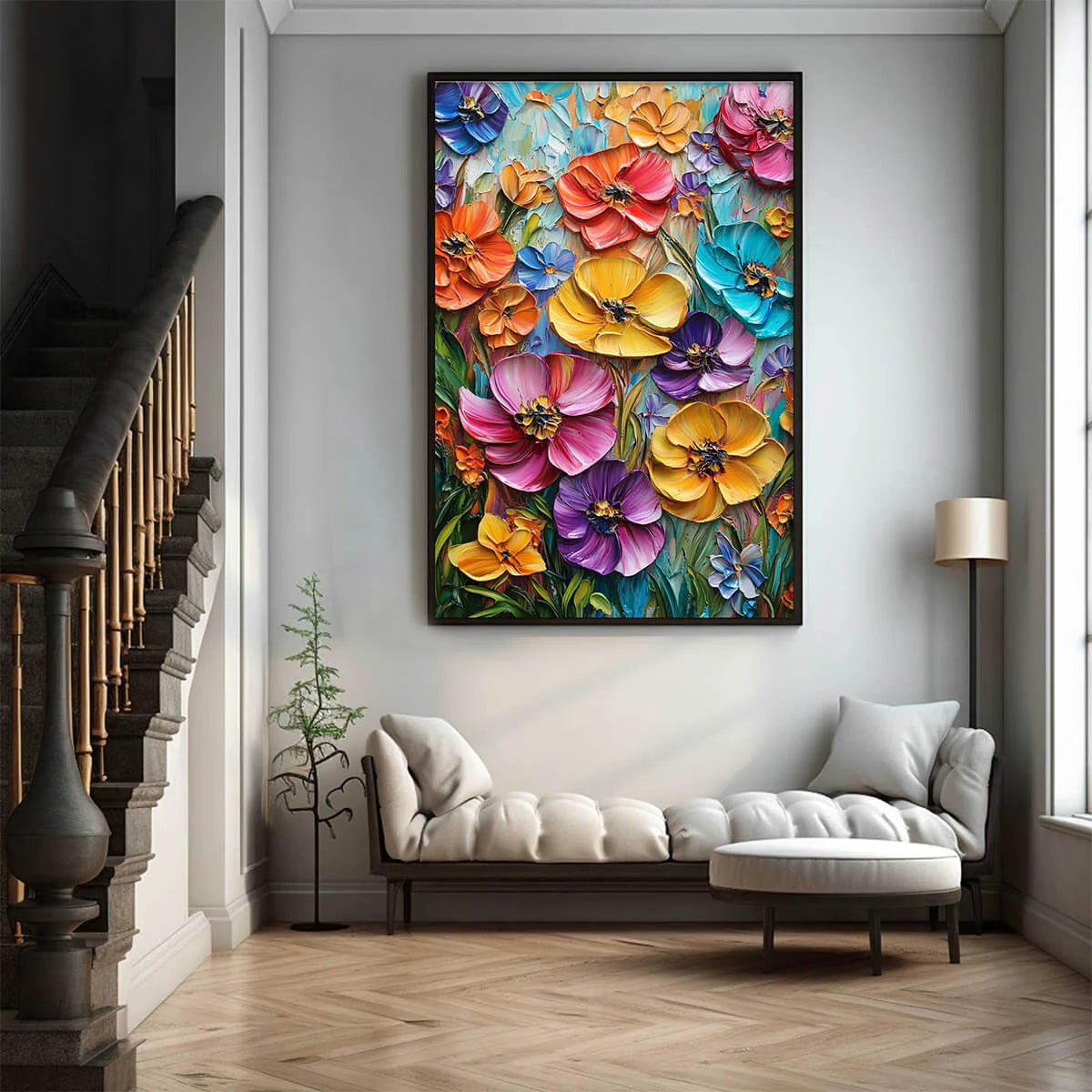 BLOOMING RHAPSODY: Colorful Impasto Floral Oil Painting | rolled canvas, ready for custom framing